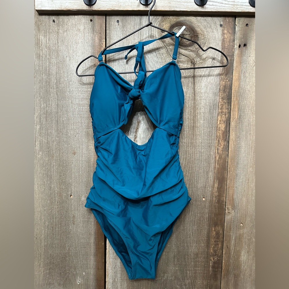 Tempt Me Cutout One Piece Swimsuit Tummy Control Halter in Teal Size Medium
